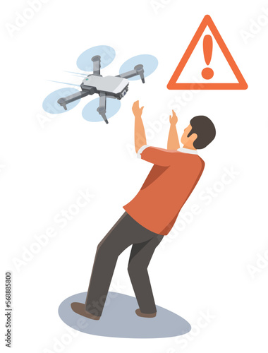Aerial Digital GPS failed Drone Beware Accident Hit People falling dangerous crash problem illustration isometric isolated vector