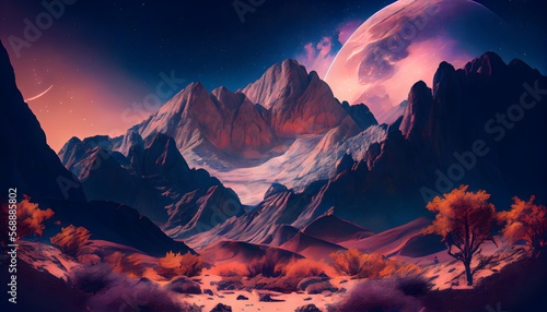 Stunning space mountains set within a hyperrealistic space cityscape.  generative ai  Beautiful space mountains in a hyper realistic city landscape with hyper detail.