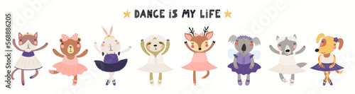 Banner, card with cute animals, ballerina girls, ballet dancers, quote, isolated on white. Hand drawn vector illustration. Scandinavian style flat design. Concept for kids fashion, textile print
