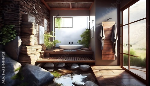 Natures Touch An Earthy and Soothing indoor hot spring, generative ai