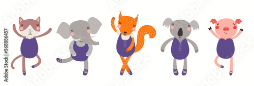 Banner with cute animals ballerina girls in leotards, isolated on white. Hand drawn vector illustration. Scandinavian style flat design. Concept for kids fashion, textile print, ballet school, studio