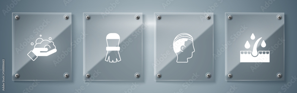 Set Oil for hair care treatment, Hairstyle, Shaving brush and foam on hand. Square glass panels. Vector Set Oil for hair care treatment, Hairstyle, Shaving brush and foam on hand. Square glass panels. Vector