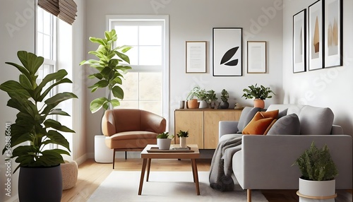 Simple and Sweet  A Minimalist living Room Design. A neutral color palette is accented by subtle pops of color and natural elements. Generative AI with plants and wooden furniture. 