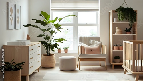 Simple and Sweet  A Minimalist living Room Design. A neutral color palette is accented by subtle pops of color and natural elements. Generative AI with plants and wooden furniture. 