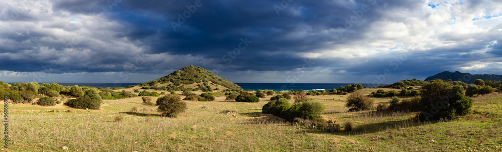 Green Field Landscape by the Sea. Sardinia, Italy. Nature Background. Cloudy Day. Panorama