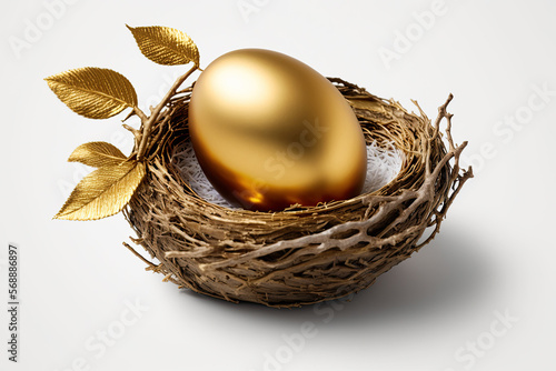 Beautiful shiny golden egg in bird nest on white background. The golden egg in the nest
