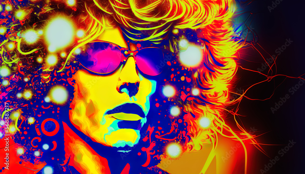 Man in Glam Rock mixed with New Age of Aquarius colourful style. Generative AI, this image is not based on any original image, character or person.