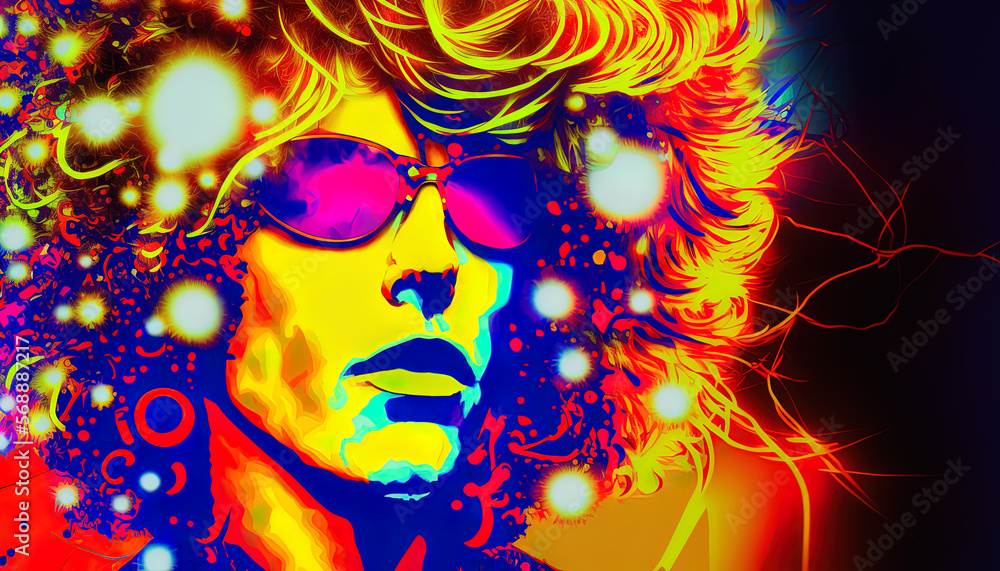 Man in Glam Rock mixed with New Age of Aquarius colourful style. Generative AI, this image is not based on any original image, character or person. Man in Glam Rock mixed with New Age of Aquarius colourful style. Generative AI, this image is not based on any original image, character or person.