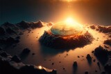 bitcoin coin in a moon crater, sunset light, cryptocurrency banner, generative AI