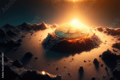bitcoin coin in a moon crater, sunset light, cryptocurrency banner, generative AI