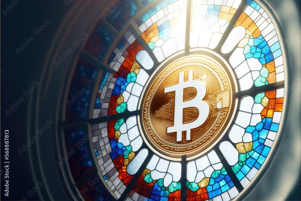 Obraz premium the faith stained glass bitcoin, cryptocurrency wallpaper, generative AI