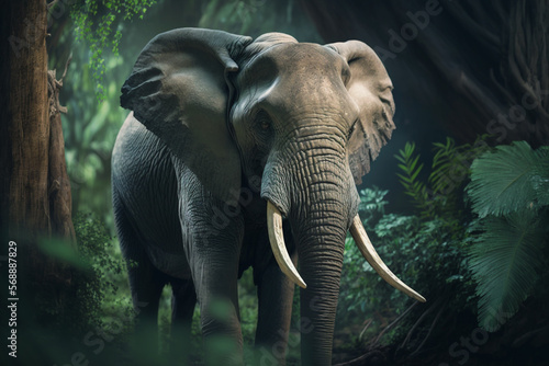 Elephant  large  gray  wrinkled skin  long trunk  surrounded by dense jungle  lush green vegetation