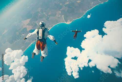 Athletes skydivers jump from an airplane falling in free fall above the ground and clouds. Generative AI technology.