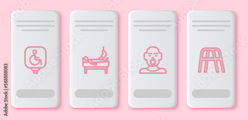 Set line Disabled wheelchair, Patient with broken leg, Head of deaf and dumb and Walker. White rectangle button. Vector