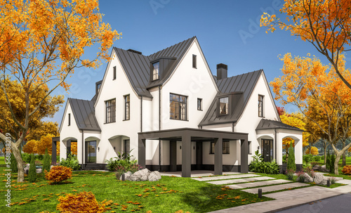 3d rendering of cute cozy white and black modern Tudor style house with parking and pool for sale or rent with beautiful landscaping. Fairy roofs. Clear sunny autumn day with golden leaves anywhere