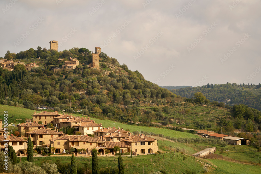 Village skyline and forest at sunset.Tuscany Italy Europe.   