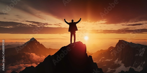 Victorious business man standing on the top of a mountain with arms raised. Winning and success, generative ai © Nld