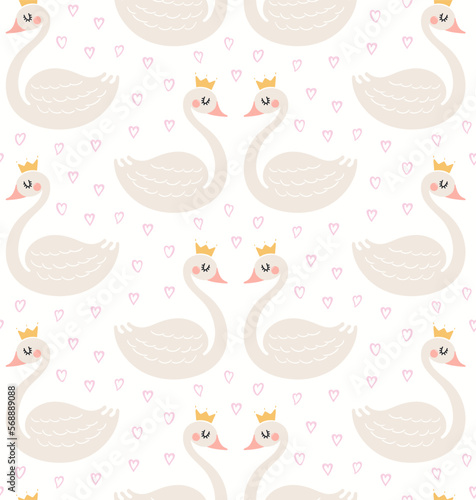 Cute princess swans in crowns, hearts seamless pattern on white background. Hand drawn vector illustration. Scandinavian style flat design. Concept kids textile, fashion print, wallpaper, package.