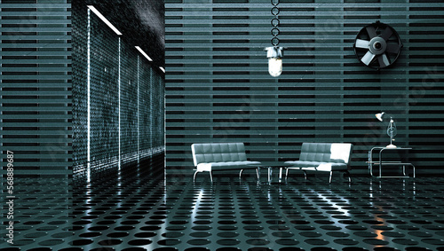 Fototapeta Naklejka Na Ścianę i Meble -  Industrial style living room interior with metal grid walls and floor, spotlights and industrial lighting. Design and interior decoration. 3d render.