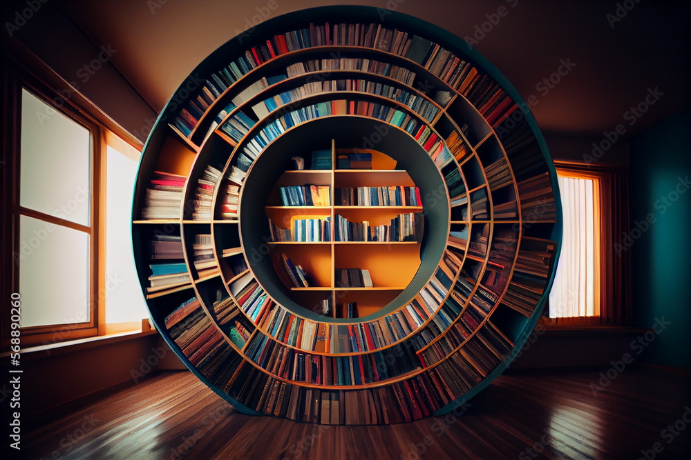 Round bookshelf in public library. Created with Generative AI technology - obrazy, fototapety, plakaty 