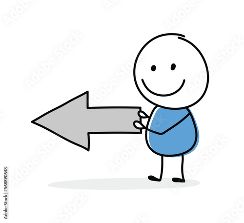 Cartoon stickman holding arrow left icon. Funny design for business presentation. Vector illustration