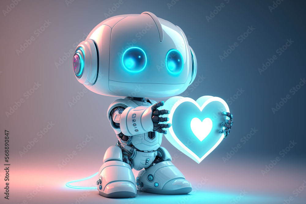 Cute little robot assistant with heart in his hands on blue background. Friendly chat bot character. Generative AI Cute little robot assistant with heart in his hands on blue background. Friendly chat bot character. Generative AI