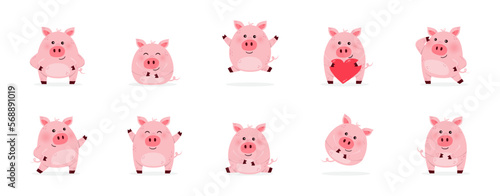 Fotografiet Collection of cute pig characters in different emotions