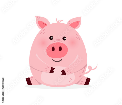 Funny pig on a white background. Design of a cute animal character. Vector illustration