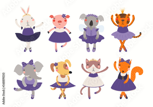 Cute animals ballerina girls, ballet dancers clipart collection, isolated on white. Hand drawn vector illustration. Scandinavian style flat design. Cartoon characters for kids fashion, textile print