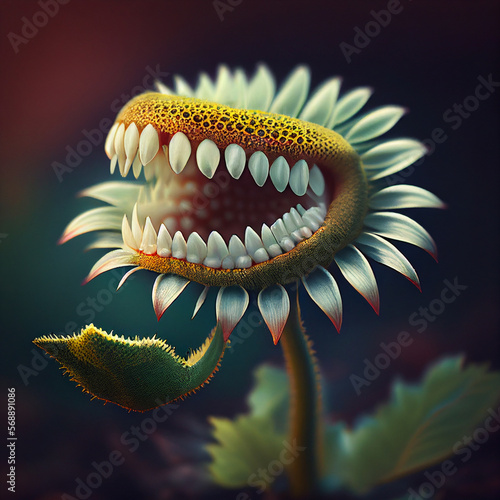 Unusual fantastic magical flower carnivorous chamomile with teeth, horror, strange background