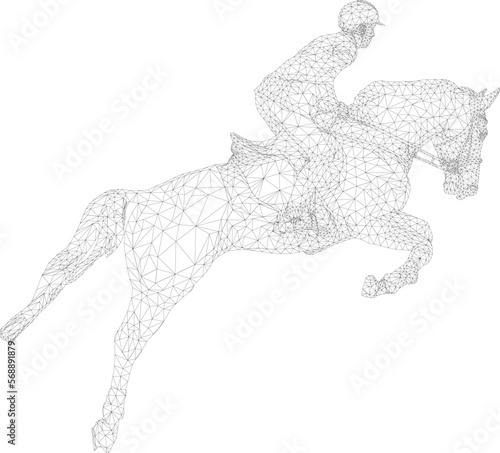 equestrian sport rider on horse jumping polygonal wireframe