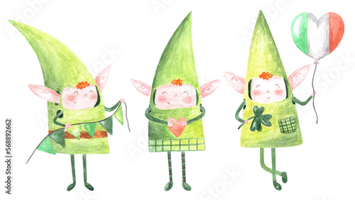 Hand drawn watercolor cute funny smiling red curly haired leprechauns elves with long ears in green costumes holding party flags, heart and balloon. kids decoration for Saint Patrick's Day party.