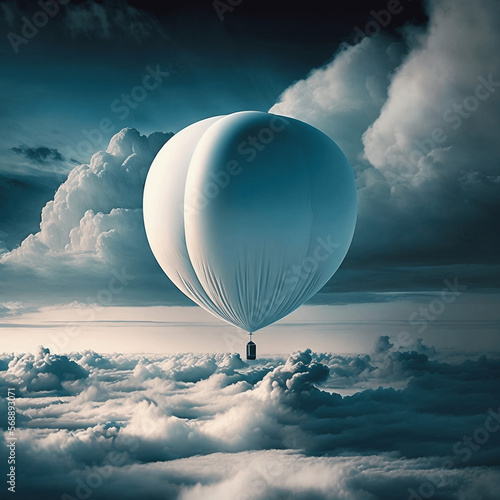 Weather balloon flying high in the sky above the clouds with fading daylight setting