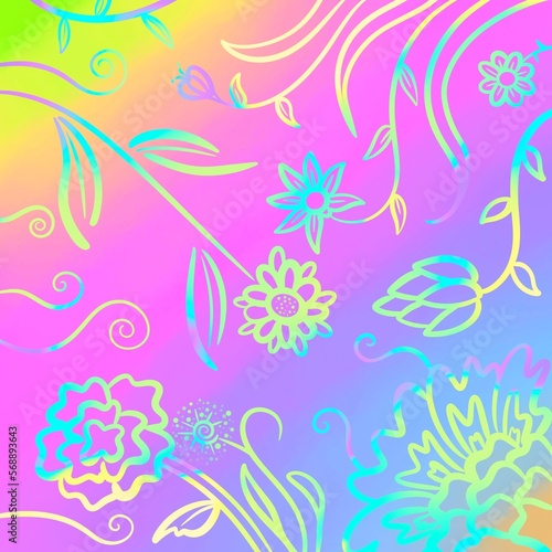 Magical, multicolored and vibrant natural background with rainbow colored flowers and vines