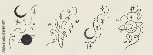 Set of vector sticker, tattoo. The tattoo is drawn with a thin line. Saturn and moon, swirls, heart with fire hand drawn sketch. Vector illustration.