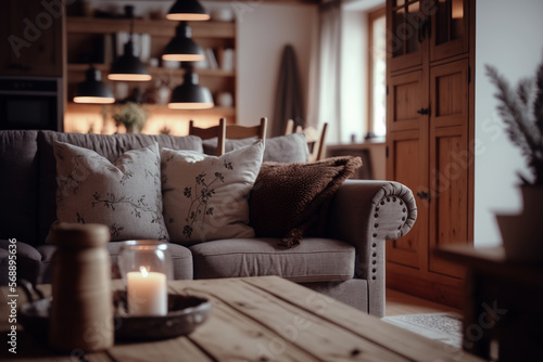 A mid-angle shot capturing the cozy and warm atmosphere of the living area. The image is captured in a natural and organic style, showcasing the simplicity and functionality of the space. AI