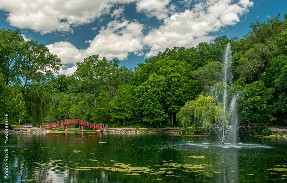 Obraz premium Beautiful Outdoor Scene of Lush Woodland, a Red Footbridge and a Dramatic Water Fountain
