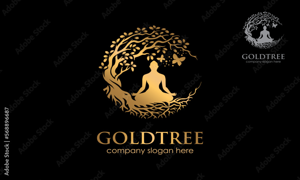 Gold Tree Vector Logo Template. Awesome Logo template that combine silhouette human, butterfly with gold leaves that means Healthy Life, perfect for health company, therapy, healing activist, etc. Gold Tree Vector Logo Template. Awesome Logo template that combine silhouette human, butterfly with gold leaves that means Healthy Life, perfect for health company, therapy, healing activist, etc.
