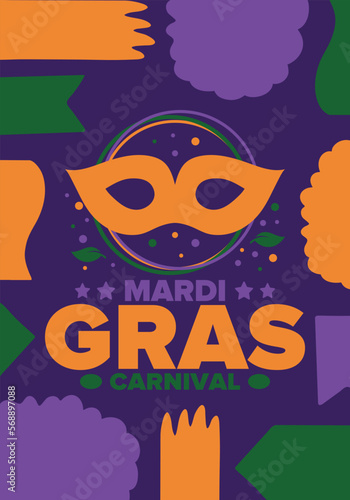 Mardi Gras Carnival in New Orleans. Fat Tuesday. Traditional holiday  celebration annual. Folk festival  costume masquerade  fun party. Carnival mask. Poster  card  banner and background. Vector