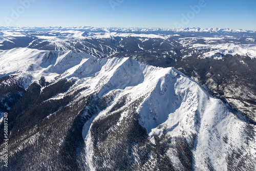 Aerial view of snow covered ten mile peak near Fresco, Colorado, USA in Winter.
