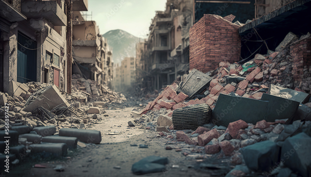 Aftermath of an earthquake : pile of rubble and debris covering city street, Generative AI