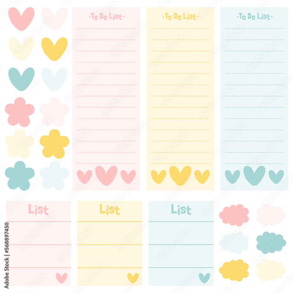 Cute blank paper notes. Stationery organizer set. Scrapbook notes and memo schedule.Printable planner stickers. To Do List sticky note pad. Digital planning element. Vector illustration. Cute blank paper notes. Stationery organizer set. Scrapbook notes and memo schedule.Printable planner stickers. To Do List sticky note pad. Digital planning element. Vector illustration.