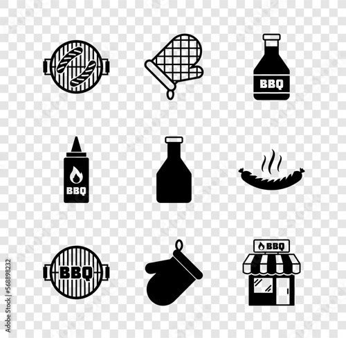 Set Barbecue grill with sausage, Oven glove, Ketchup bottle, shopping building, and icon. Vector