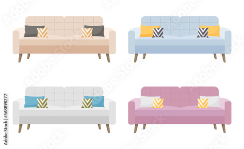 A set of bright beautiful sofas  brown, blue, gray and crimson cushions on wooden legs with pillows. Modern soft furniture collection. Colored flat vector illustration isolated on white background.