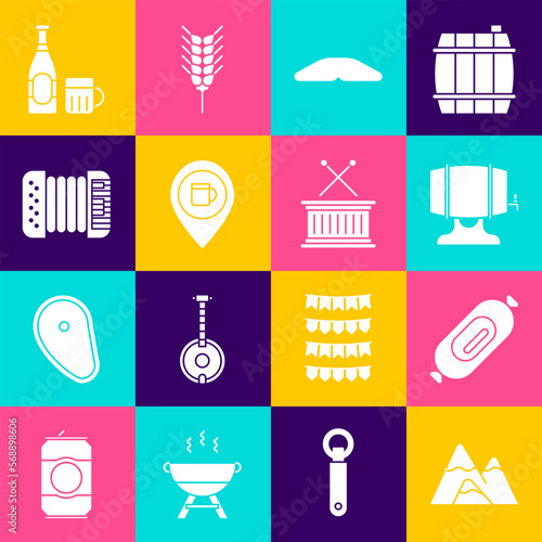 Set Mountains, Salami sausage, Wooden barrel on rack, Homemade pie, Alcohol or beer location, Accordion, Beer bottle and glass and Musical drum sticks icon. Vector