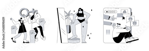 Social activism abstract concept vector illustration set. Feminism, body positive, internet criticism, girl power, gender equality, plus size brand promotion, troll message abstract metaphor.