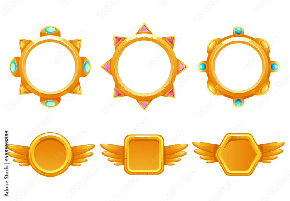 Game frame circle icon avatar golden interface ui concept set. Vector graphic design element illustration