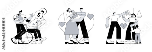Family law abstract concept vector illustration set. Dependant family member, adoption of a child, custody and alimony, parents divorce, same sex couple, elderly support, caregiver abstract metaphor.