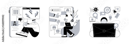 Social media behavior abstract concept vector illustration set. Internet trolling and shaming, internet addiction, digital harassment, stalking and bullying, emotional message abstract metaphor.