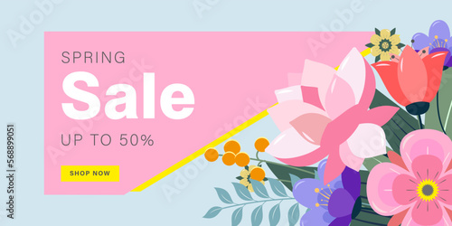 Banner spring sale discounts for goods up to 50% in the online store with bright flowers on a pink-blue background with text
